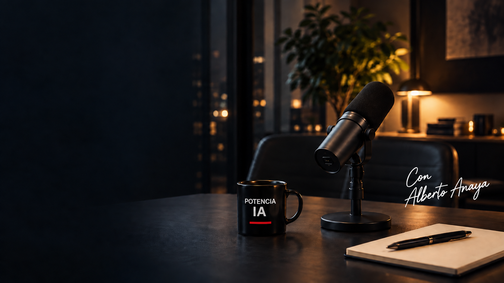 Estudio de Potencia IA con micrófono profesional, taza de marca, libreta y luz cálida
